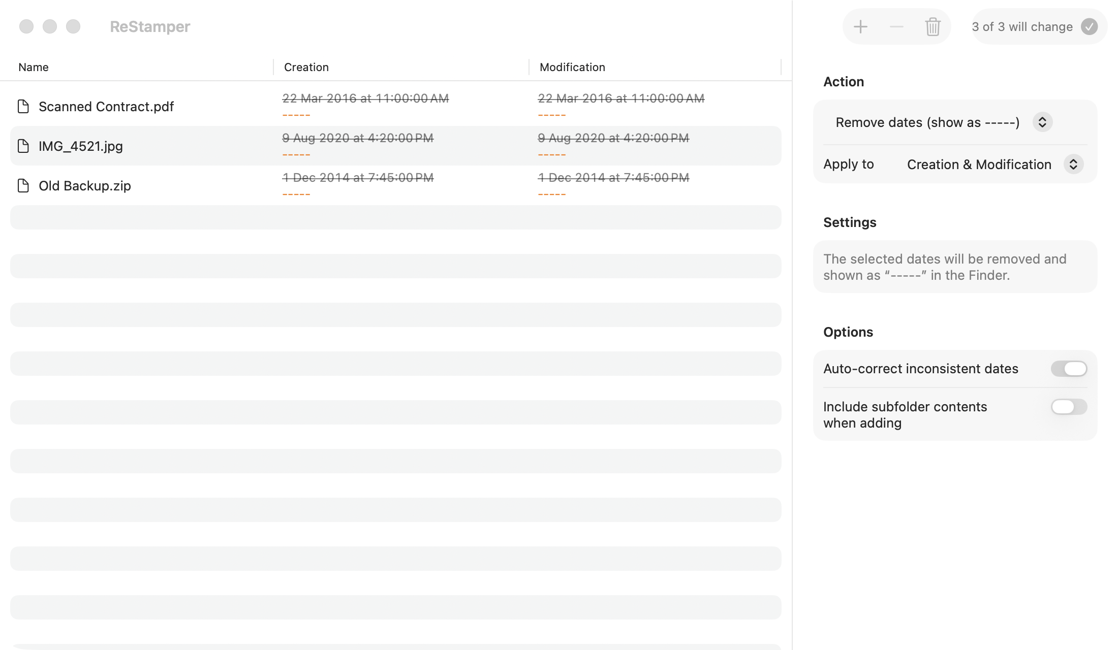The Remove dates action previewing files whose dates will become -----