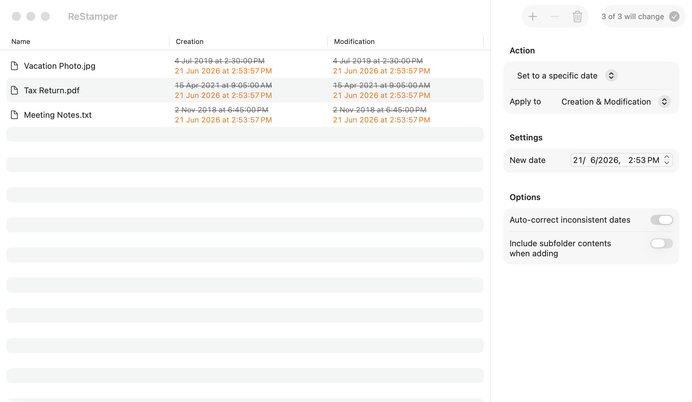 ReStamper showing a live preview of date changes across several files